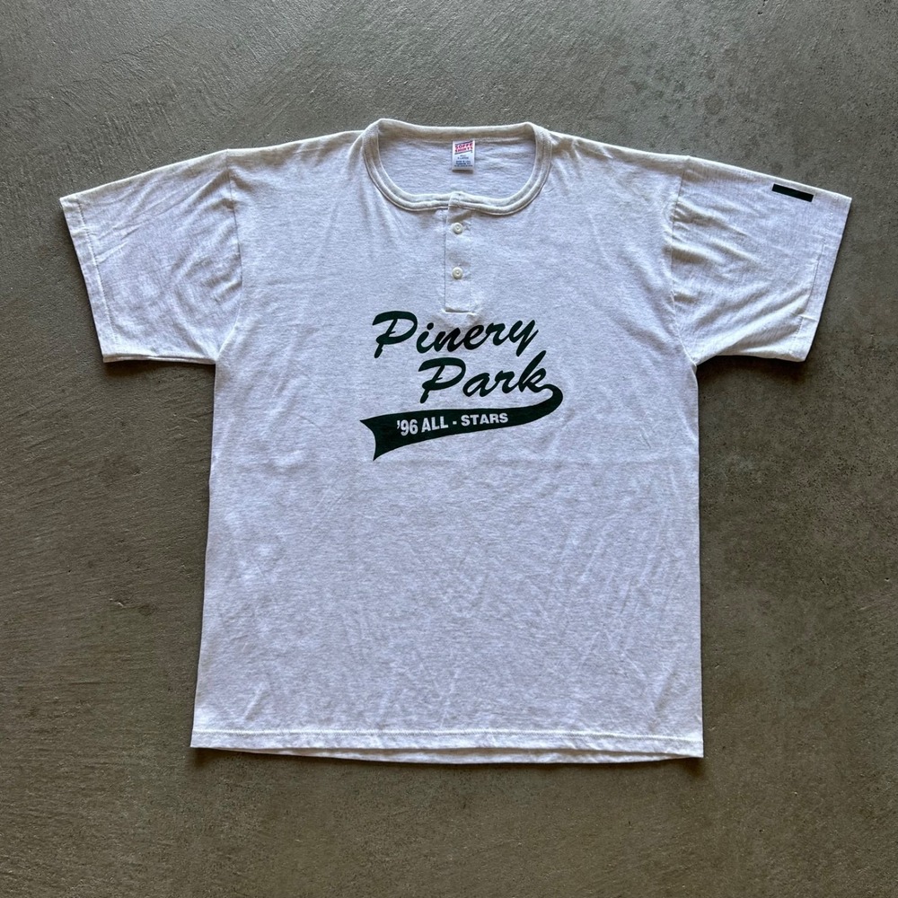 Vintage 90s Pinery Park Baseball Henley Shirt Size XL Gray 1996 Bat Boy USA Made